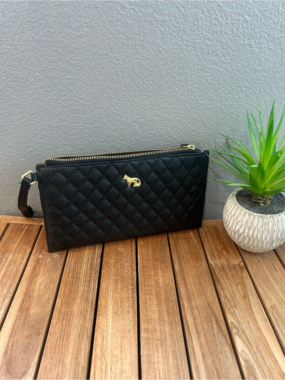 Emma Fox Black Quilted Wristlet Clutch with Gold Fox Detail